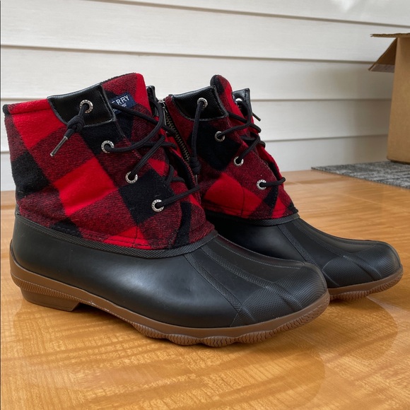 Sperry Syren Red Check Buffalo Plaid Flannel Womens Duck Boots Size 10 - Picture 10 of 12